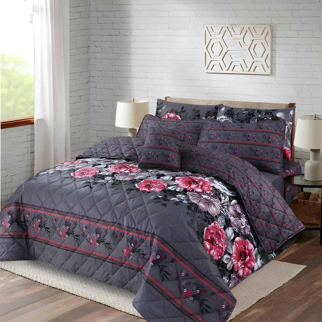 7-Piece Cotton Salonica Comforter Set Pink Grey Floral