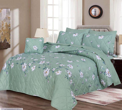 Green Floral 7Pc Cotton Comforter Set for Double Bed