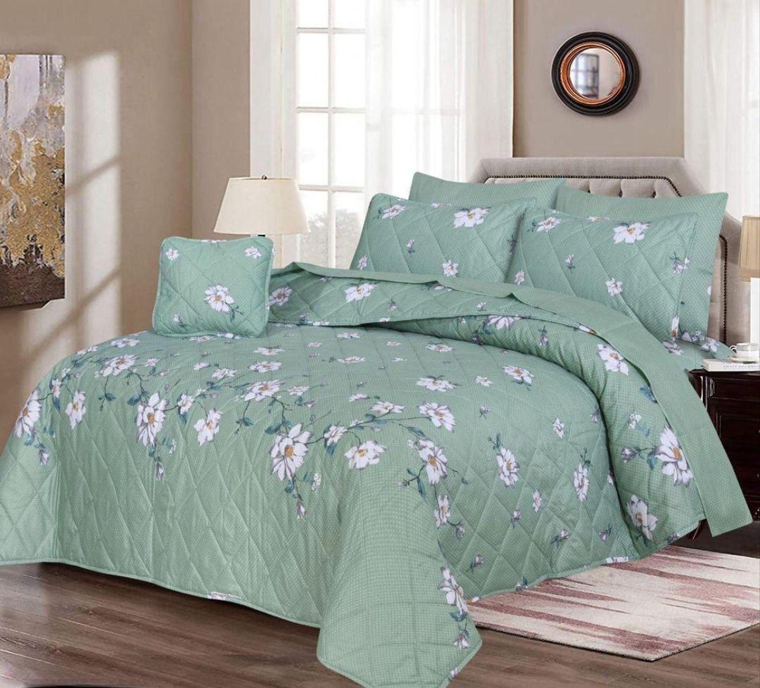Green Floral 7Pc Cotton Comforter Set for Double Bed