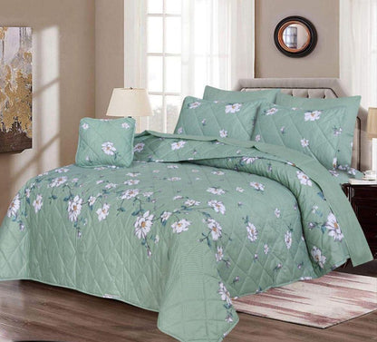 Green Floral 7Pc Cotton Comforter Set for Double Bed