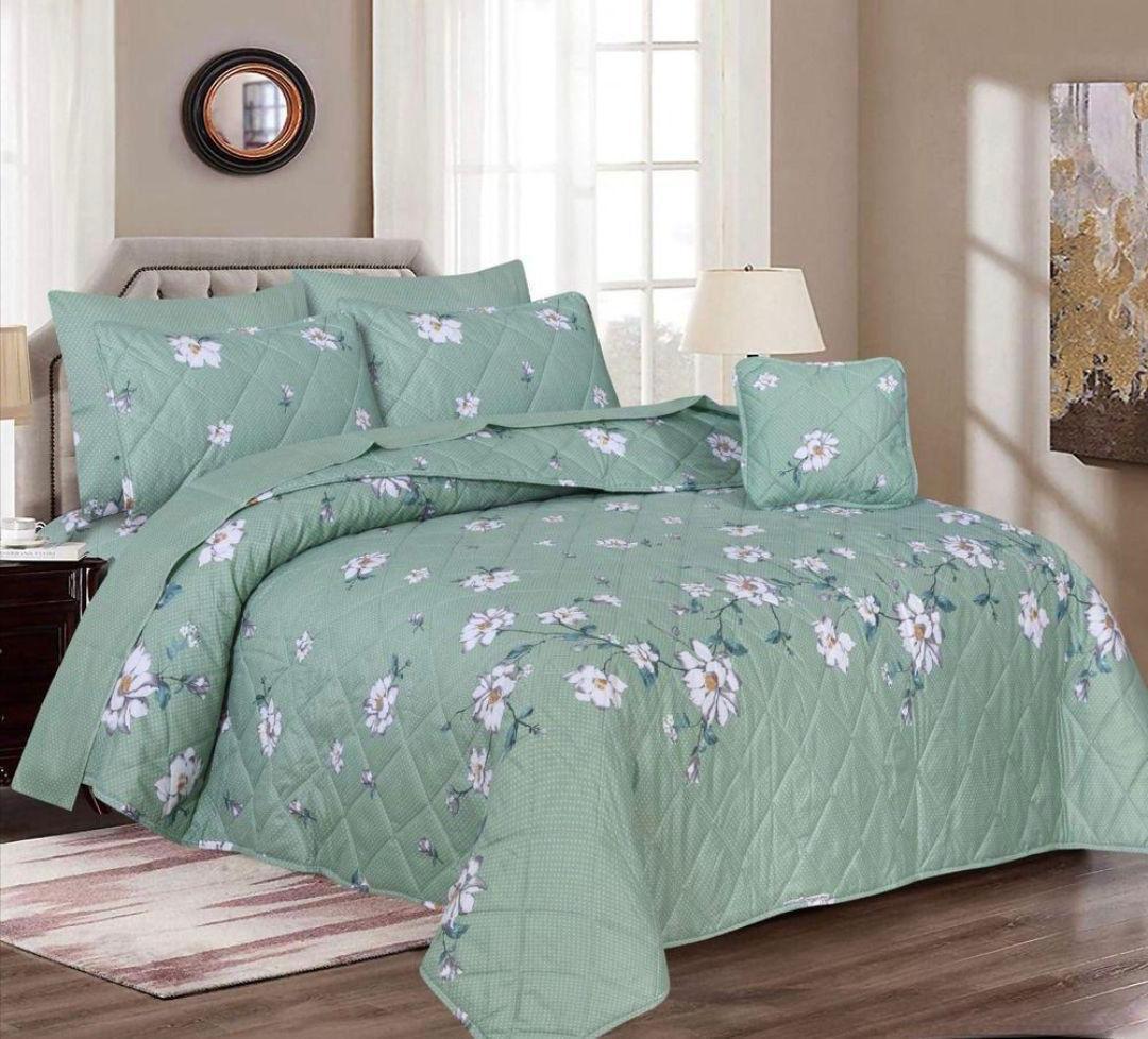 Green Floral 7Pc Cotton Comforter Set for Double Bed