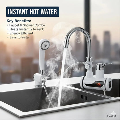 Instant Hot Water Faucet Shower Head 49°C Digital Display Stainless Steel