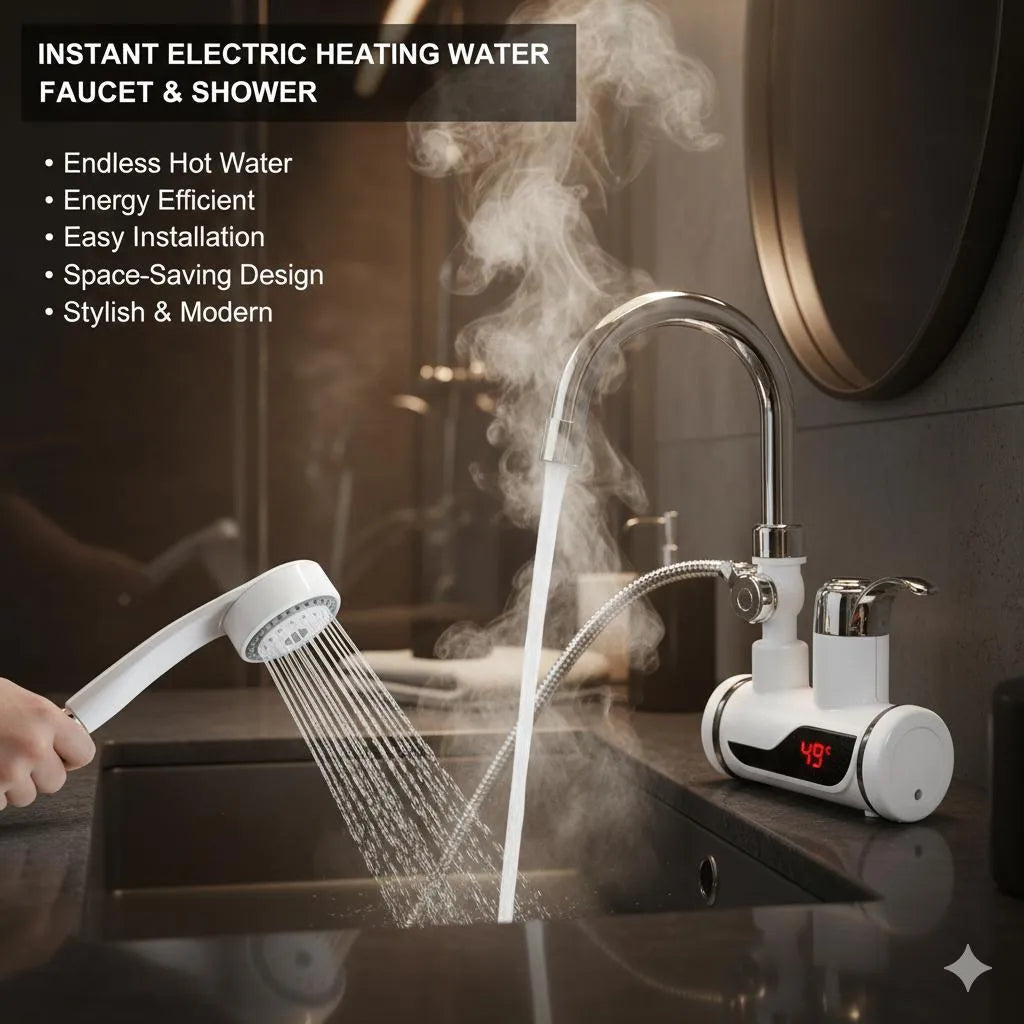 Instant Hot Water Faucet Shower Head 49°C Digital Display Stainless Steel
