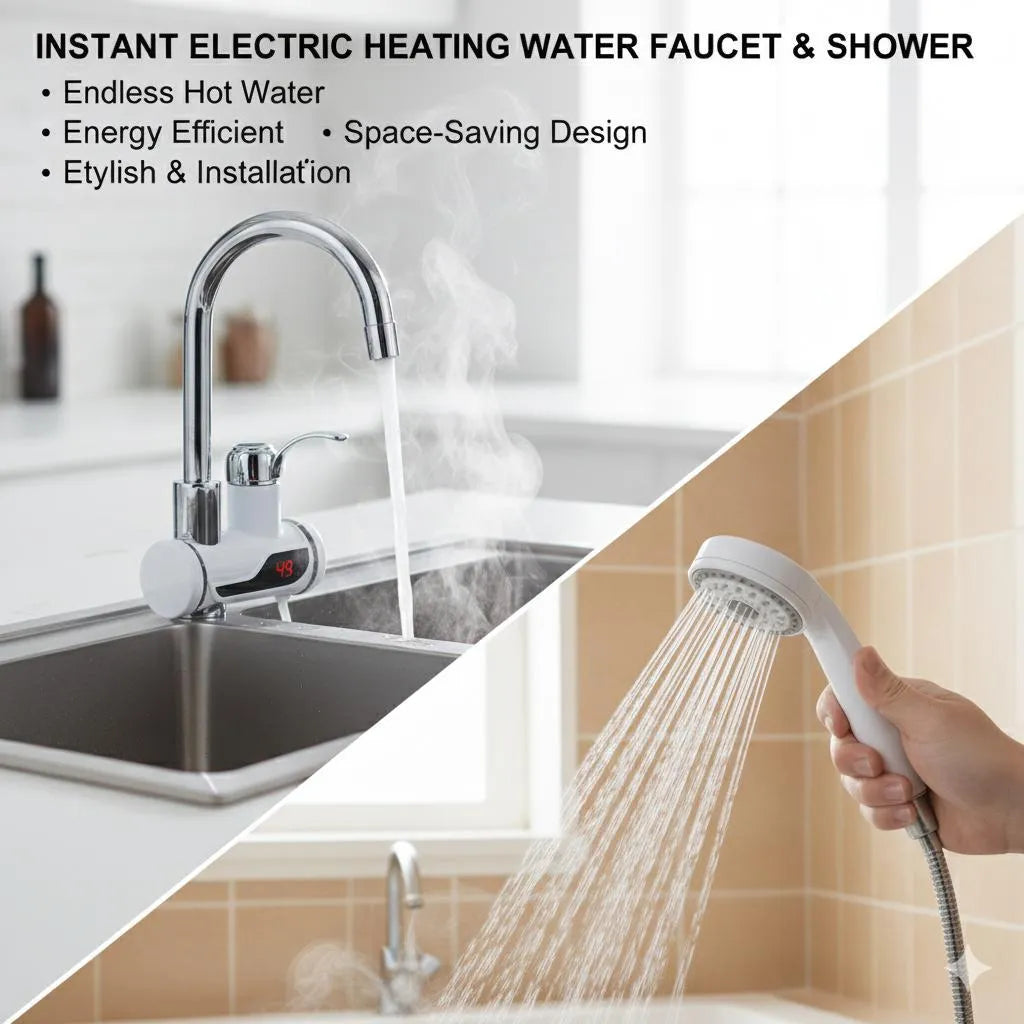 Instant Hot Water Faucet Shower Head 49°C Digital Display Stainless Steel