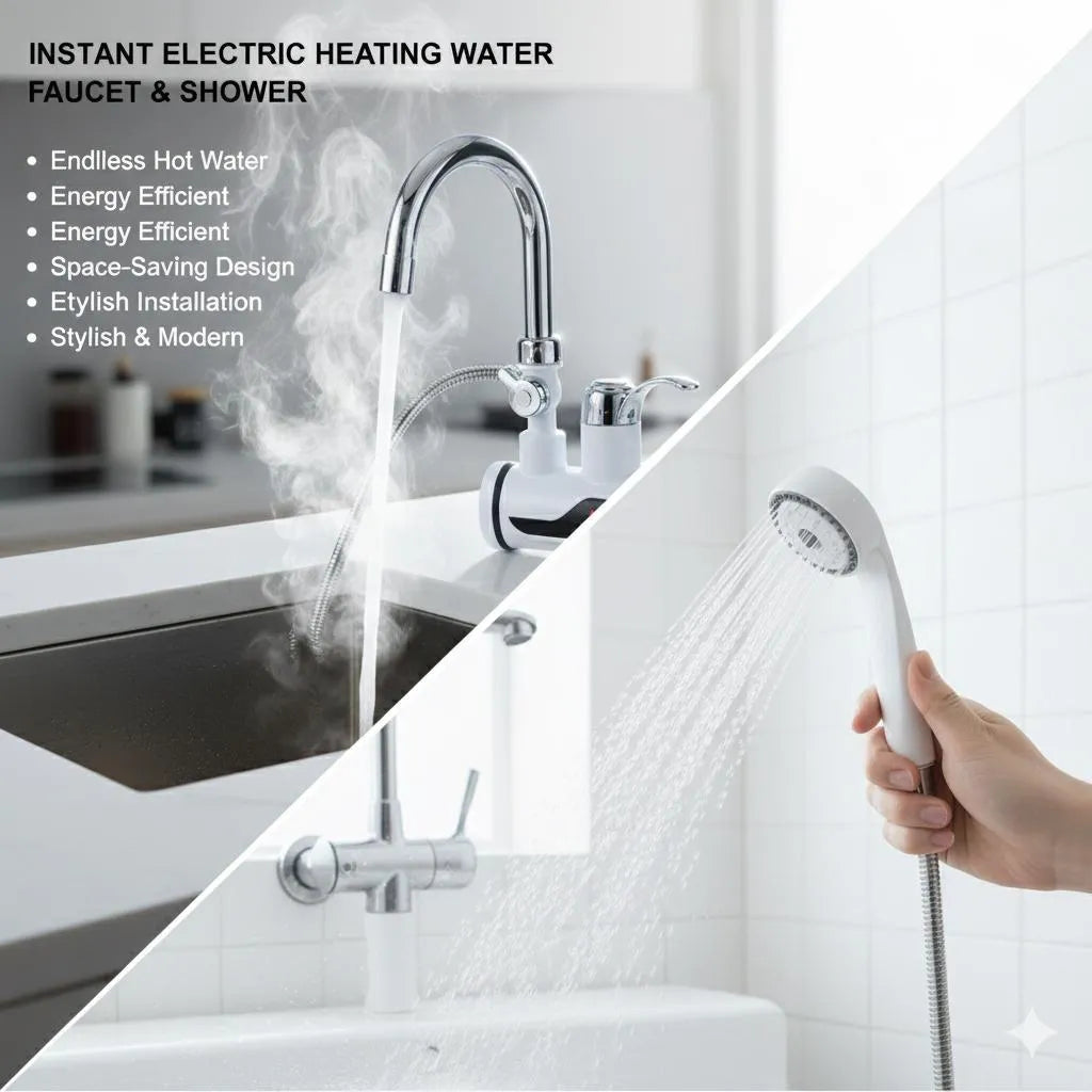 Instant Hot Water Faucet Shower Head 49°C Digital Display Stainless Steel