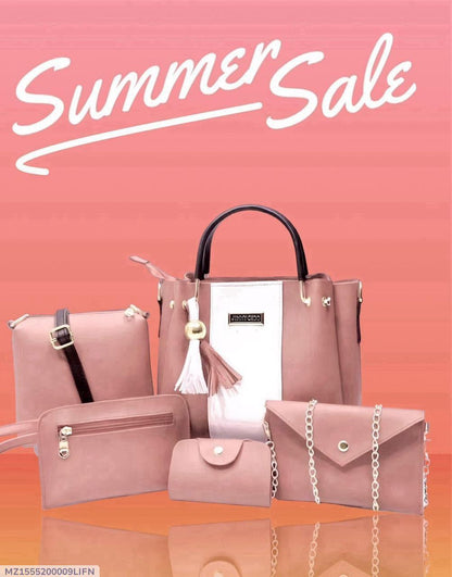 Women's Pink Rexine Handbag Set 5 Pcs