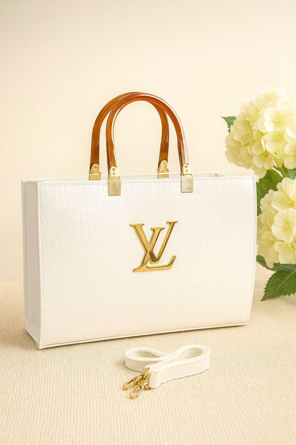 White Luxurious Tote Bag with Detachable Strap & Zipper Pocket