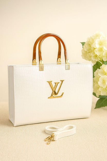 White Luxurious Tote Bag with Detachable Strap & Zipper Pocket