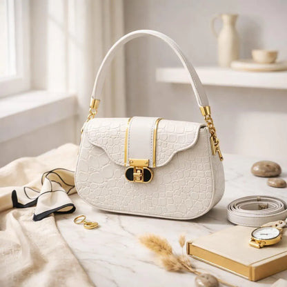 White Leather Shoulder Bag for Women 6x8 Inches