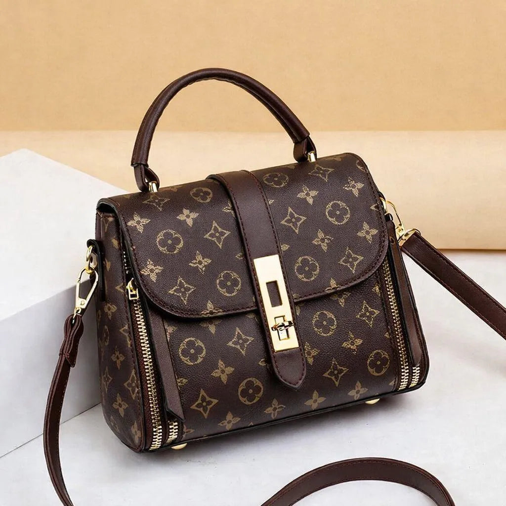 Women's Brown Leather Shoulder Bag with Gold Plated Lock
