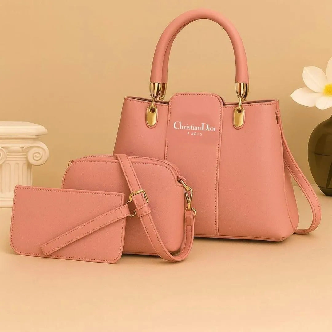 Peach Leather 3-Piece Handbag Set for Women