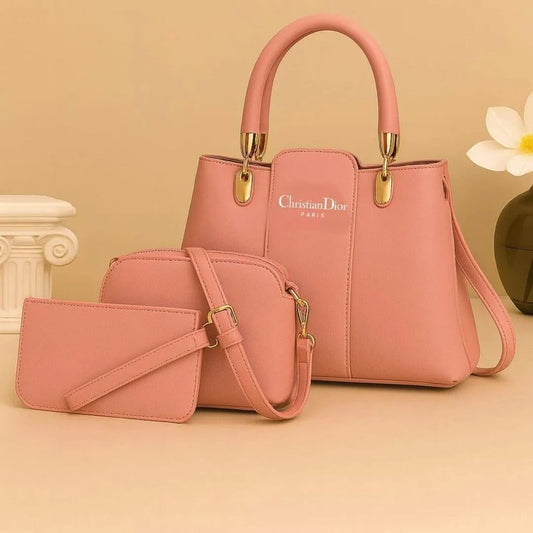 Peach Leather 3-Piece Handbag Set for Women
