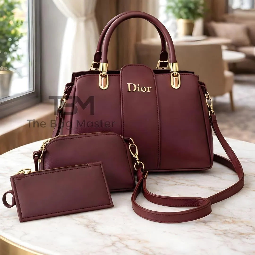 Maroon Leather Handbag Set for Women 2 Pcs Top Handle