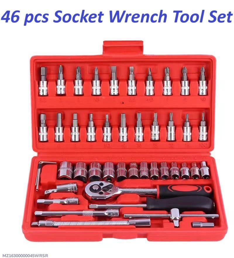 46-Piece Socket Wrench Tool Set Stainless Steel Red Case