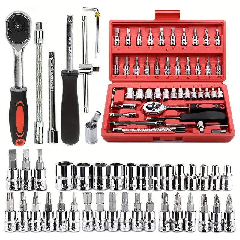 46-Piece Socket Wrench Tool Set Stainless Steel Red Case