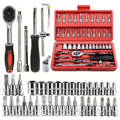 46-Piece Socket Wrench Tool Set Stainless Steel Red Case