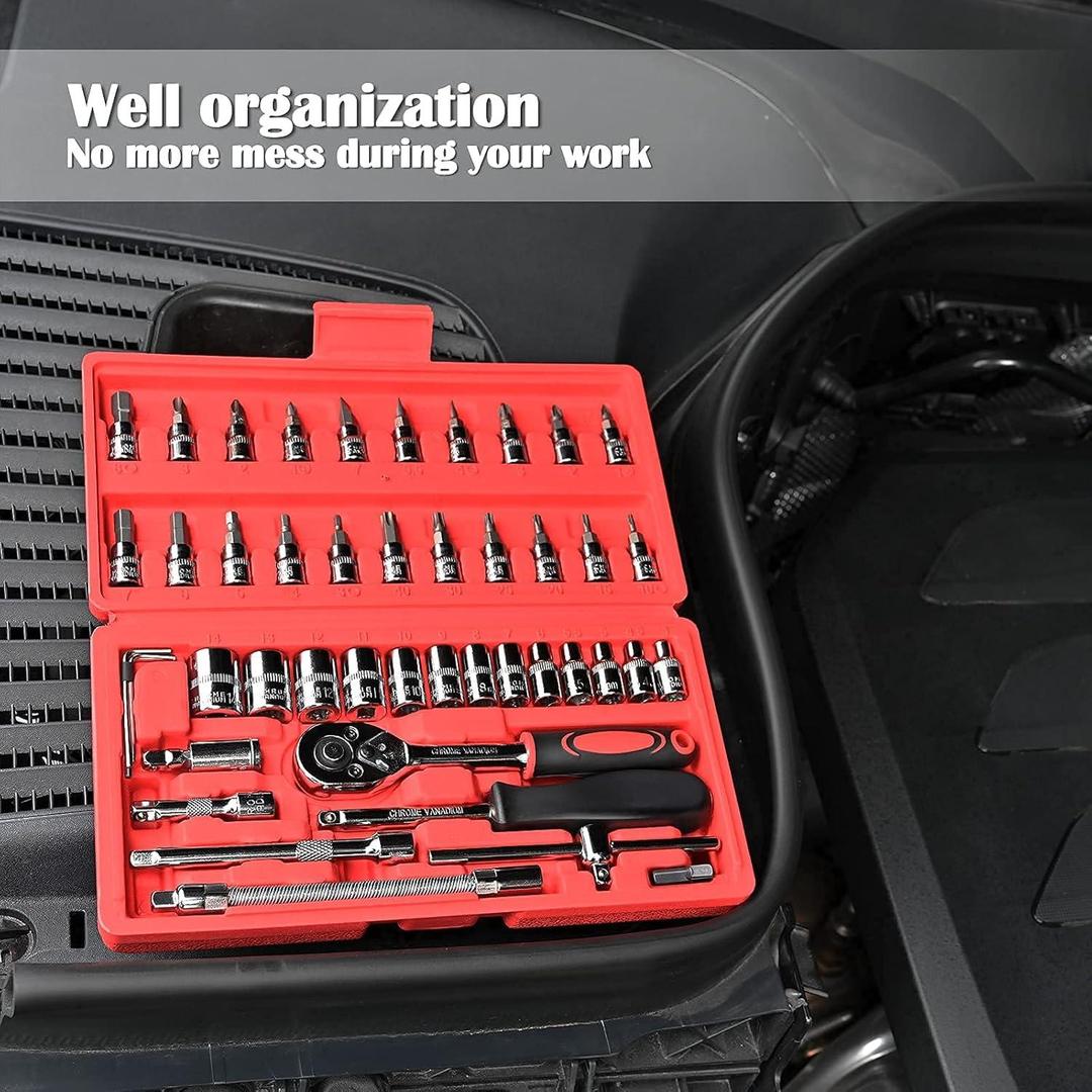 46-Piece Socket Wrench Tool Set Stainless Steel Red Case