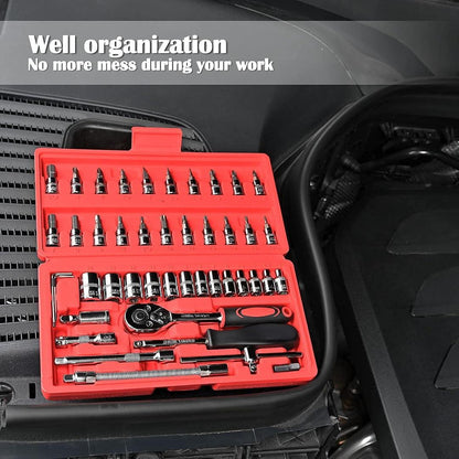 46-Piece Socket Wrench Tool Set Stainless Steel Red Case