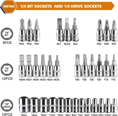 46-Piece Socket Wrench Tool Set Stainless Steel Red Case