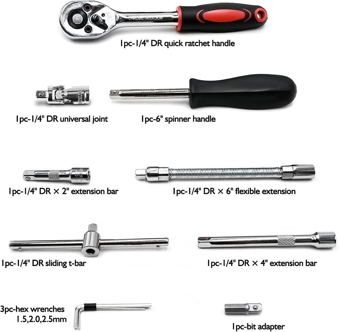 46-Piece Socket Wrench Tool Set Stainless Steel Red Case