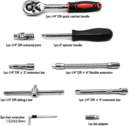 46-Piece Socket Wrench Tool Set Stainless Steel Red Case