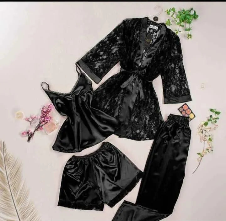 Black Lace Nighty Set 4 Pcs Luxurious Silk