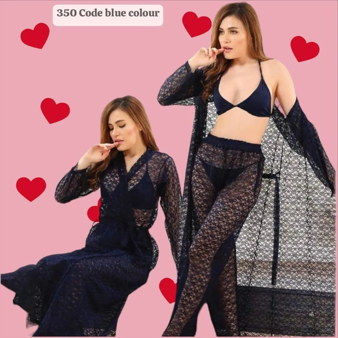 4 Piece Lace Nightwear Set Blue Premium Quality