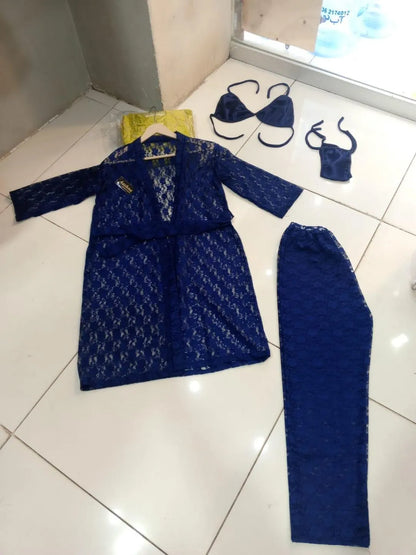 4 Piece Lace Nightwear Set Blue Premium Quality