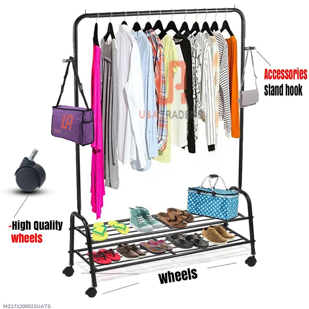 Black Iron Wardrobe Organizer with Wheels & Shoe Rack