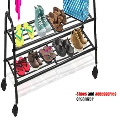 Black Iron Wardrobe Organizer with Wheels & Shoe Rack