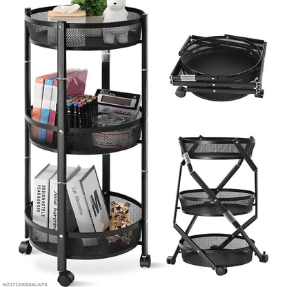 Black 3-Tier Rotating Kitchen Storage Rack with Wheels