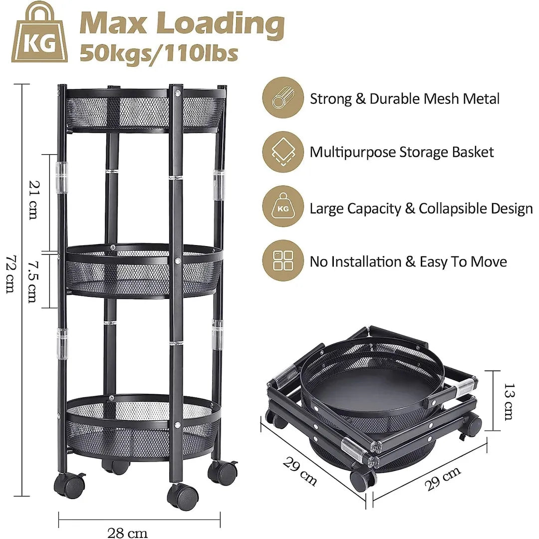 Black 3-Tier Rotating Kitchen Storage Rack with Wheels
