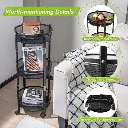 Black 3-Tier Rotating Kitchen Storage Rack with Wheels