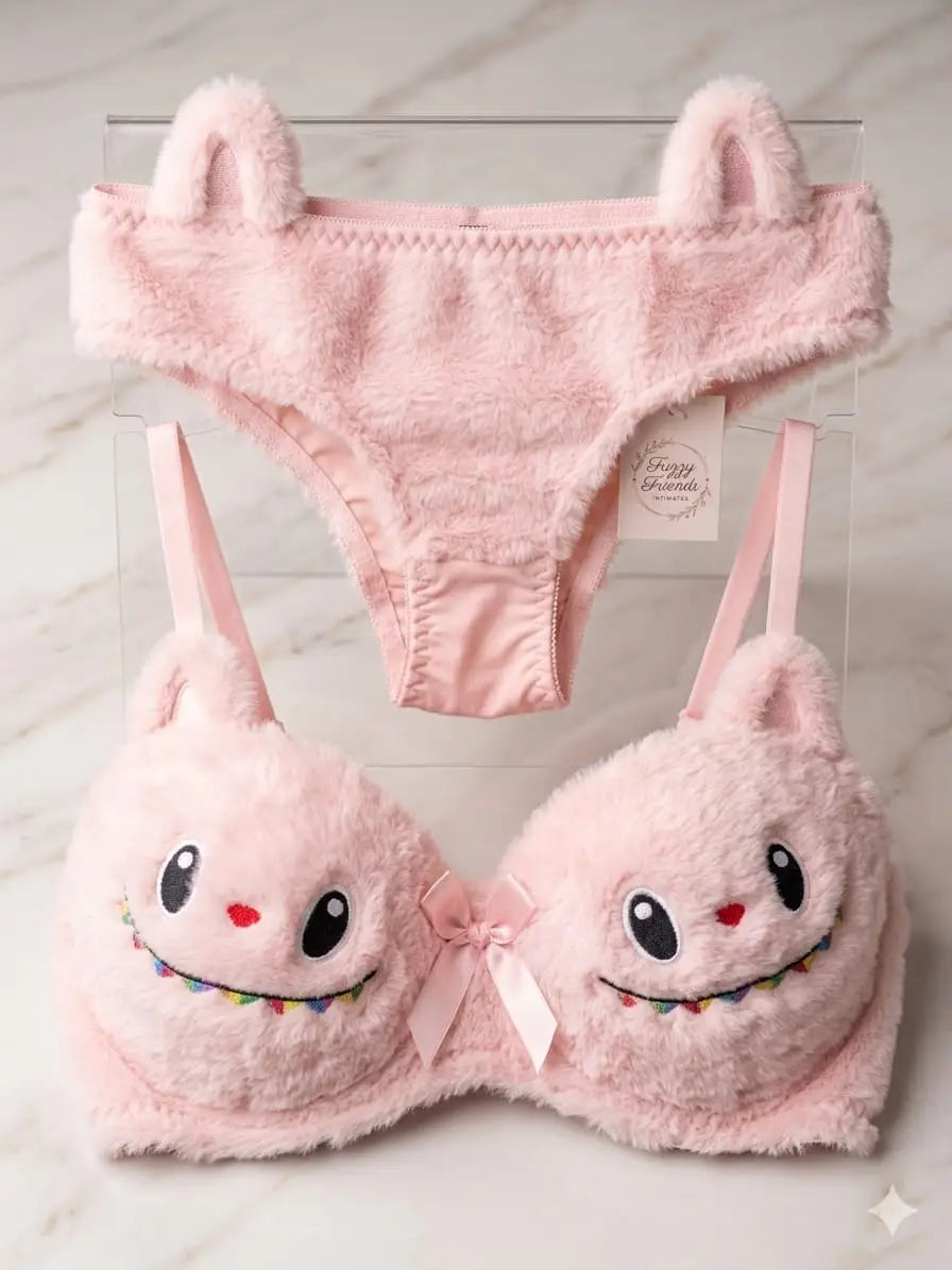 Labubu Style Half Cup Padded Wool Embroidered Bikini Set(Bra+Panty), 1 Set