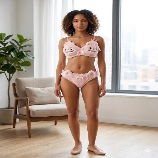 Labubu Style Half Cup Padded Wool Embroidered Bikini Set(Bra+Panty), 1 Set