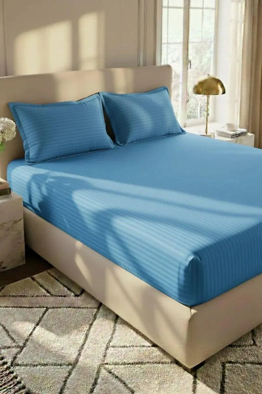 Double Bed Micro Cotton Bedsheet Set Blue 3 Pcs