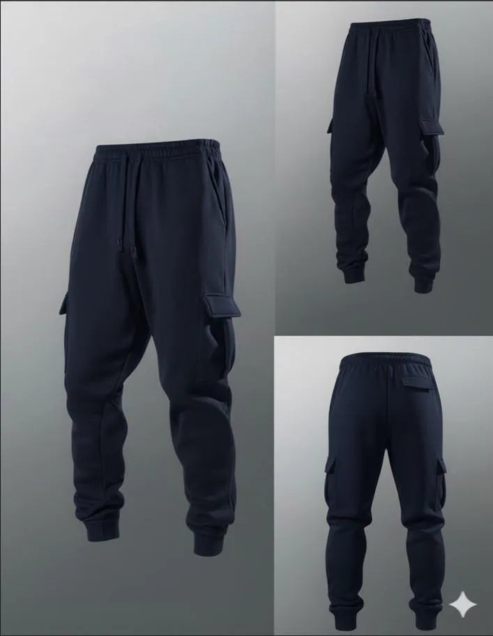 Men's Blue Fleece Cargo Pants Winter Casual Wear