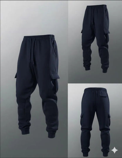 Men's Blue Fleece Cargo Pants Winter Casual Wear