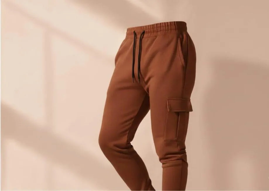 Men Brown Fleece Slim Fit Cargo Pants Winter