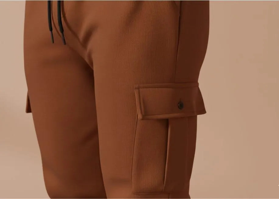 Men Brown Fleece Slim Fit Cargo Pants Winter