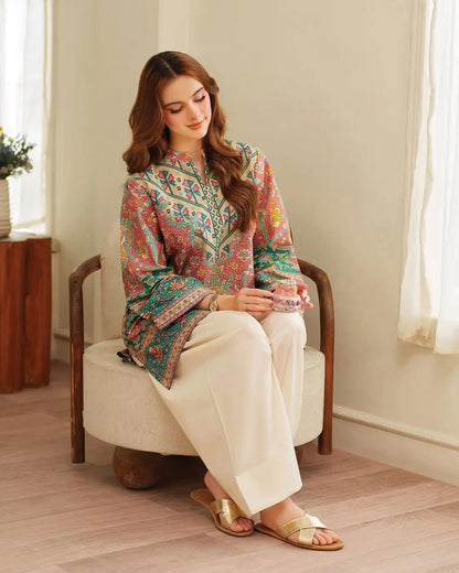 2 Pcs Women's Stitched Doria lawn Printed cord-set with farshi Farshi trouser