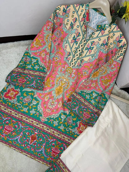 2 Pcs Women's Stitched Doria lawn Printed cord-set with farshi Farshi trouser