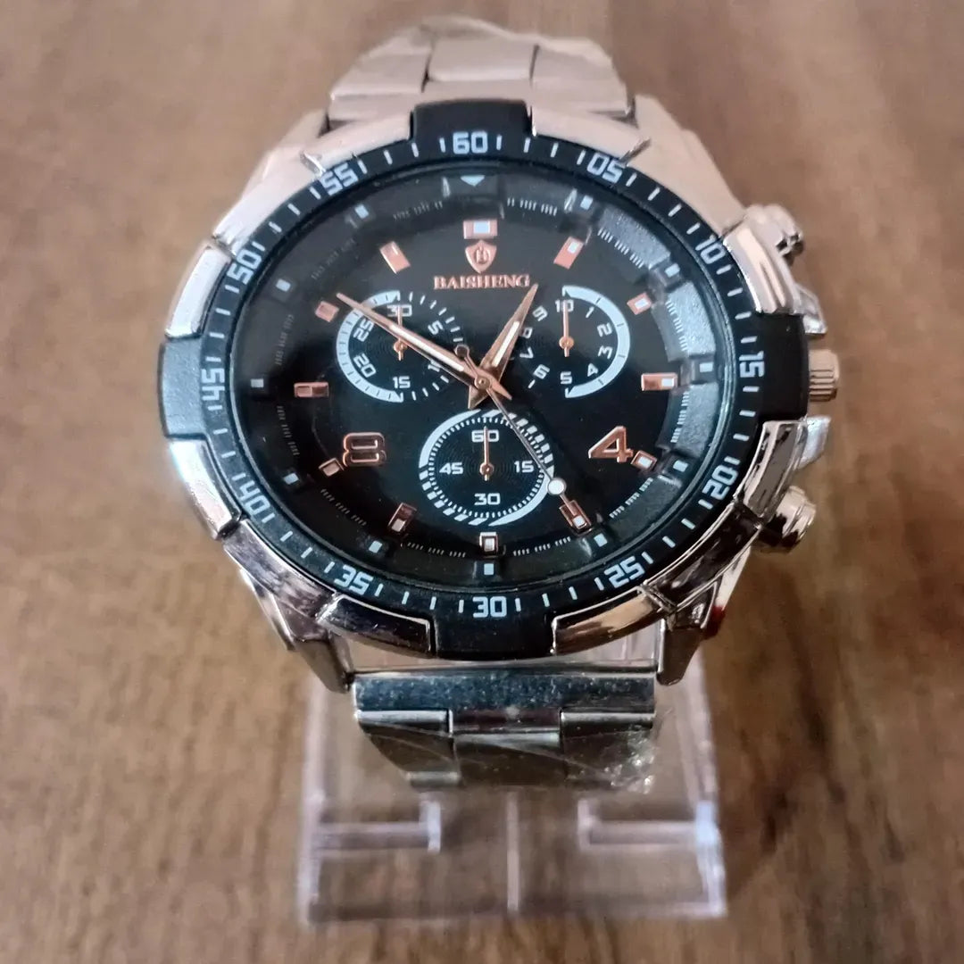 Men's Stainless Steel Chronograph Watch Rose Gold Dial Silver Black