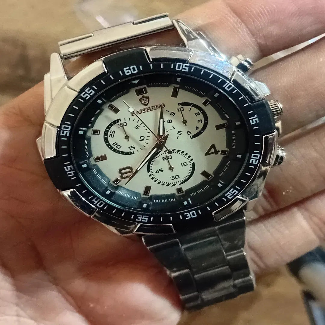 Men's Stainless Steel Chronograph Watch Rose Gold Dial Silver Black