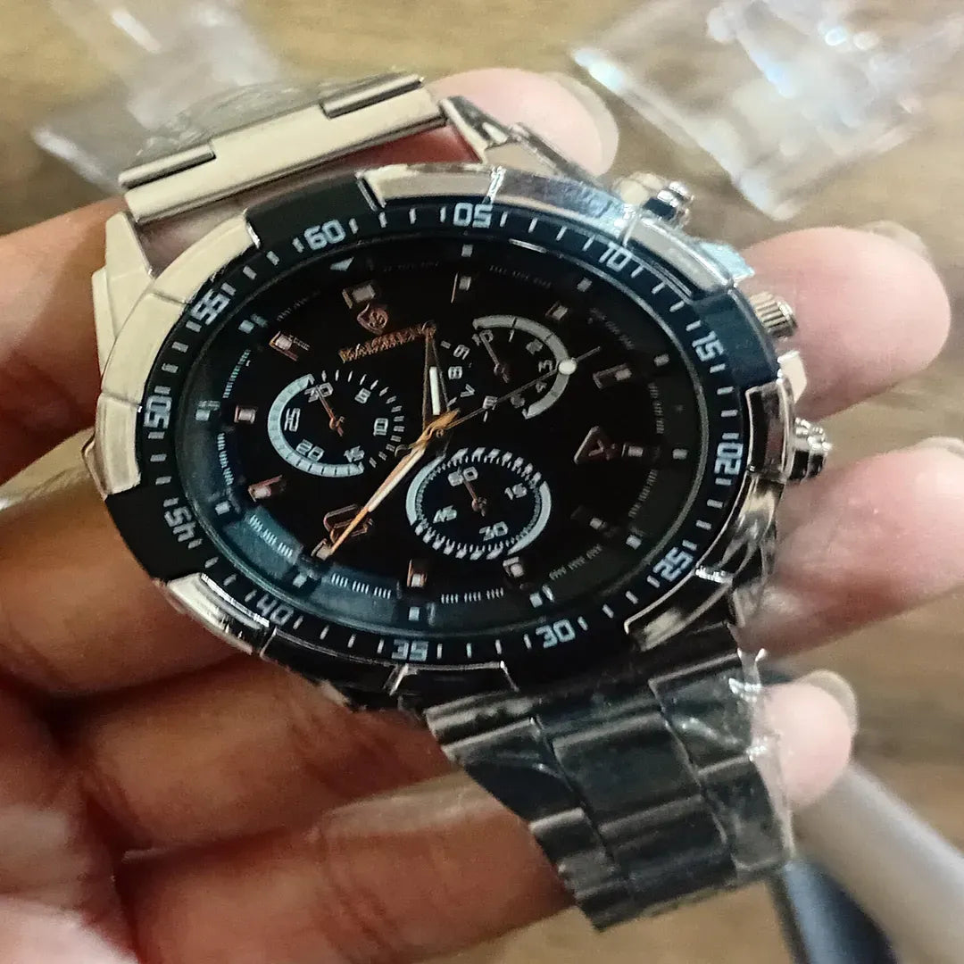 Men's Stainless Steel Chronograph Watch Rose Gold Dial Silver Black