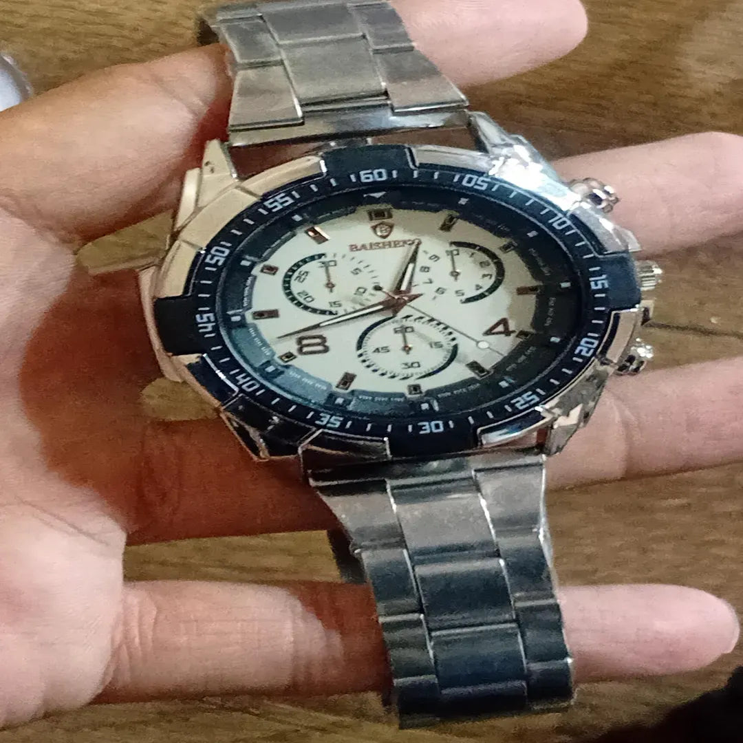Men's Stainless Steel Chronograph Watch Rose Gold Dial Silver Black