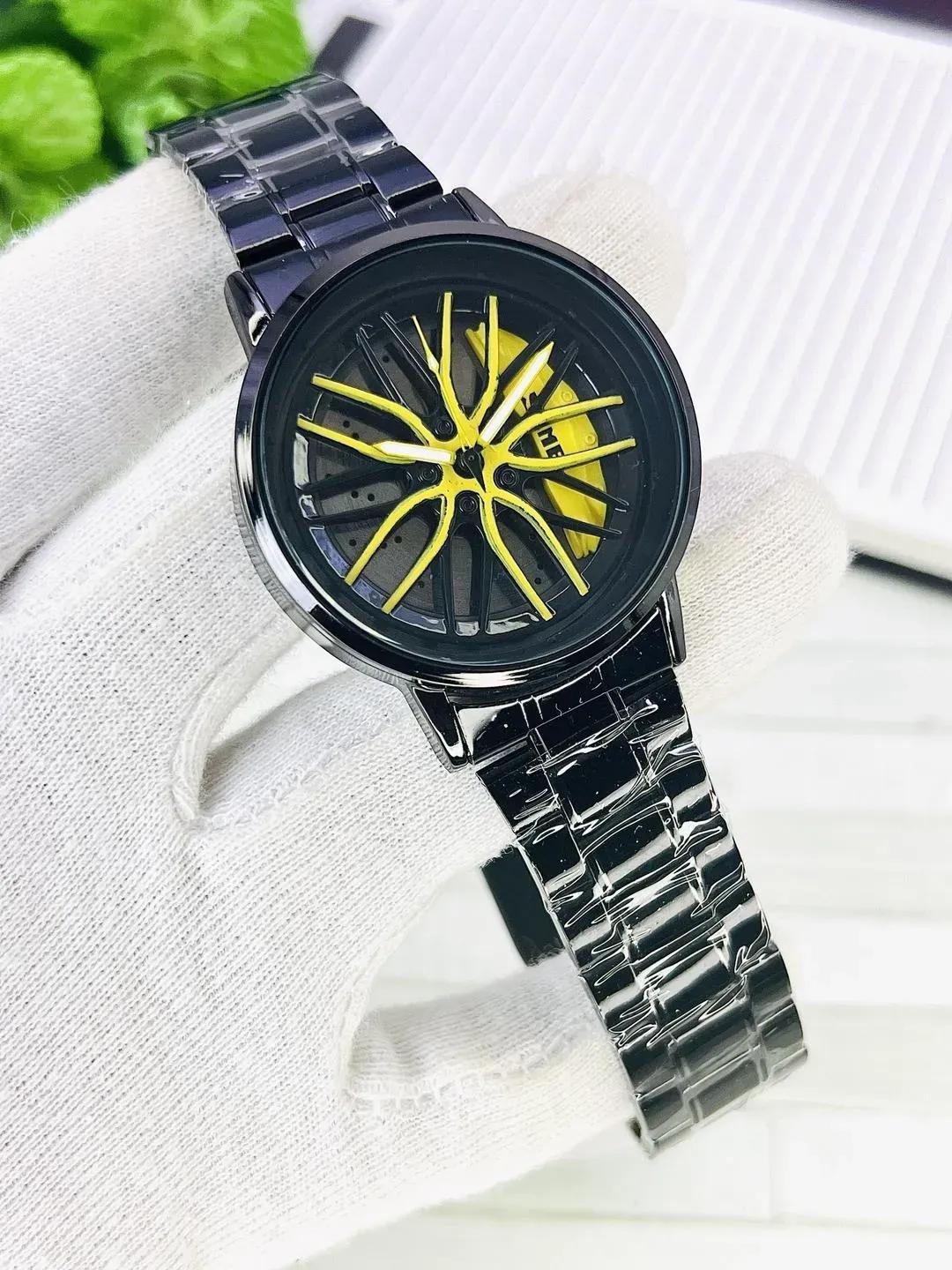 Men's Stainless Steel Yellow Black Dial Watch 22mm