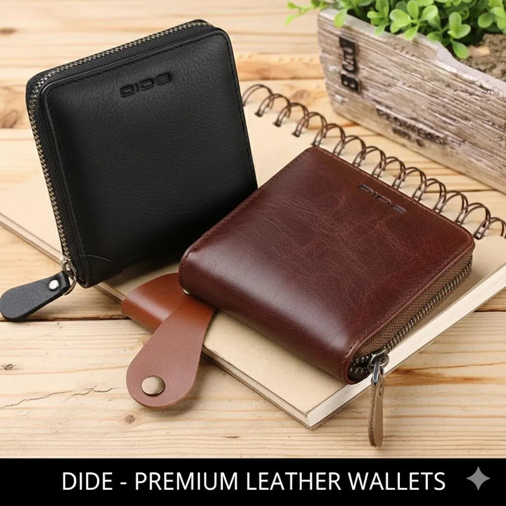 DIDE Premium Leather Wallets Black Brown Zipper Closure