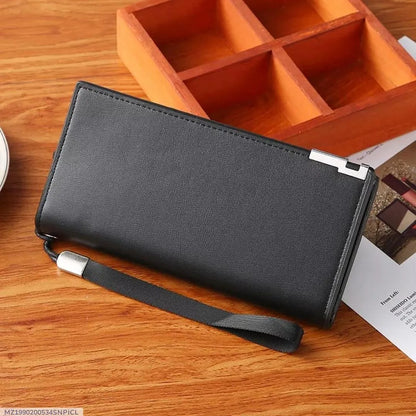 Men's Black Leather Tri Fold Wallet with Strap
