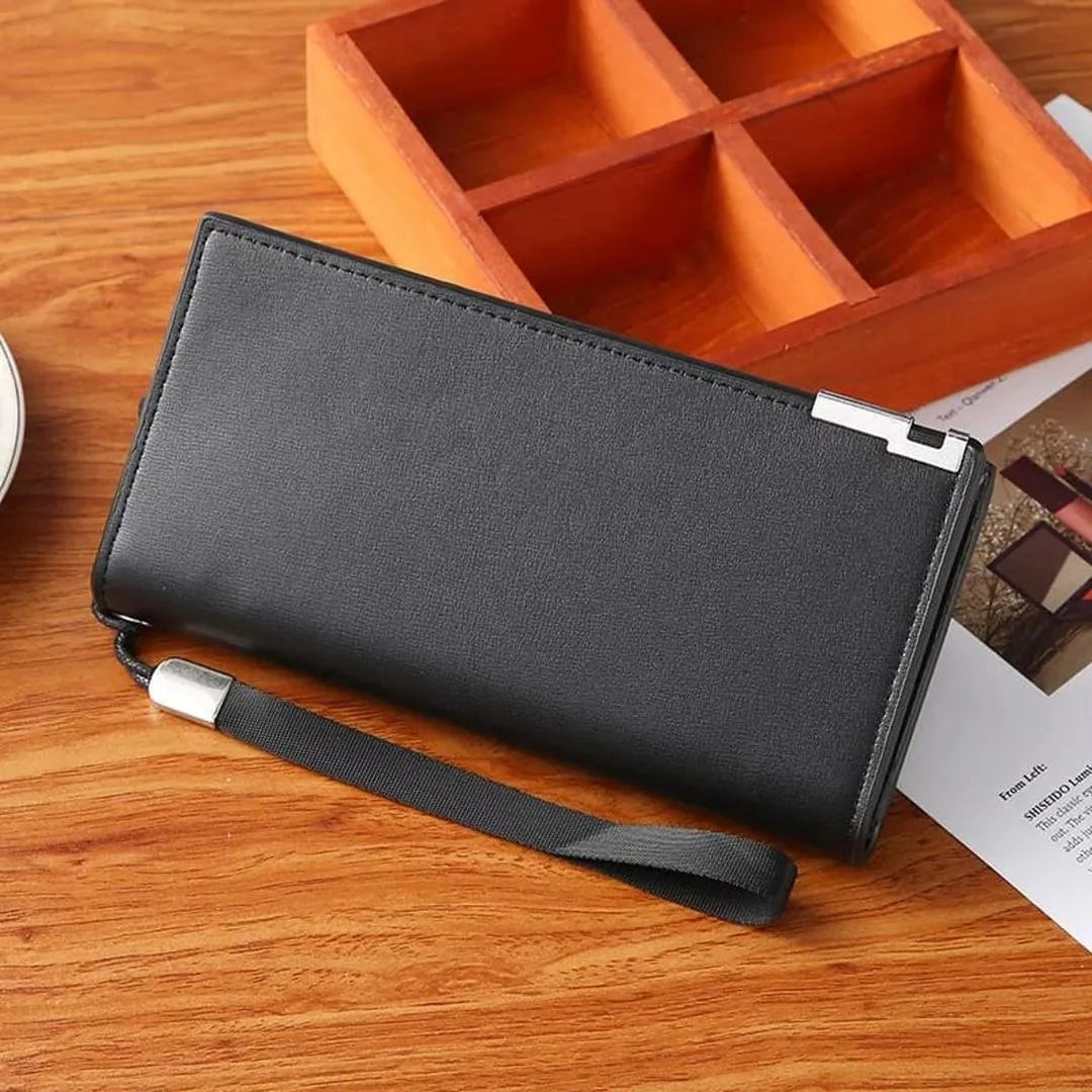 Men's Black Leather Tri Fold Wallet with Strap
